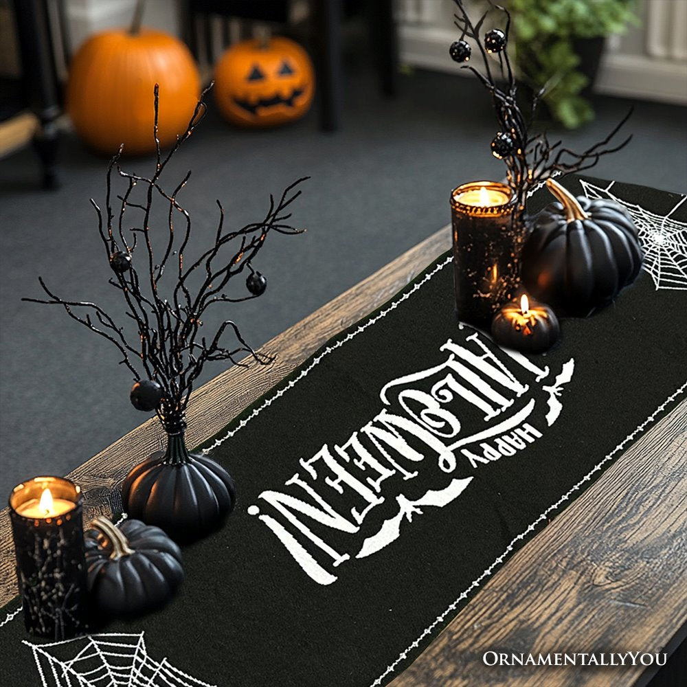 Haunted Horrors 72" Table Runner, Jacquard Halloween Home Black Tablecloth Decoration with Pumpkins and Spiderwebs Table Runner OrnamentallyYou
