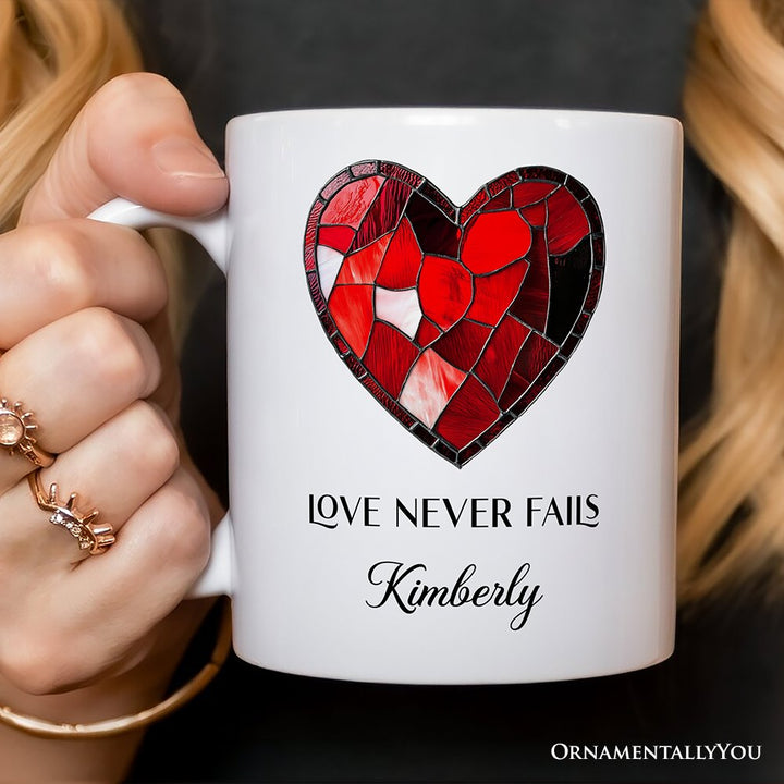 Heart Stained Glass Personalized Mug, Love Never Fails Custom Names Gift Personalized Ceramic Mug OrnamentallyYou 12oz Mug Customized