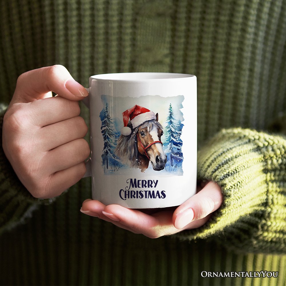 Horse with Santa Hat Personalized Mug, Winter Forest Christmas Gift With Custom Name and Date Personalized Ceramic Mug OrnamentallyYou