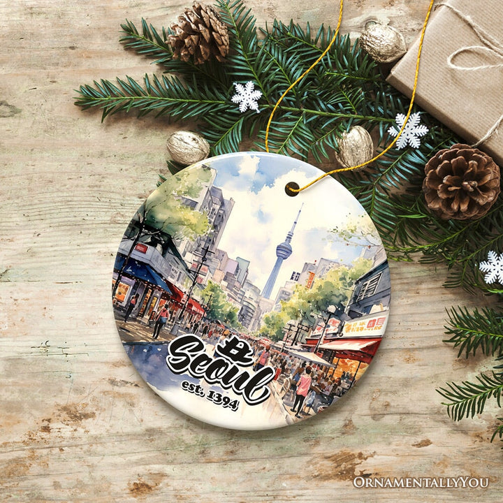 Illustrated Seoul South Korea Ceramic Ornament, Souvenir and Christmas Keepsake Ceramic Ornament OrnamentallyYou