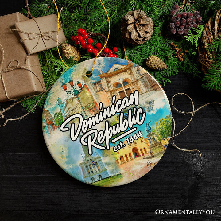 Illustrated Tropical Dominican Republic Ceramic Ornament, Caribbean Travel Souvenir and Christmas Gift Ceramic Ornament OrnamentallyYou