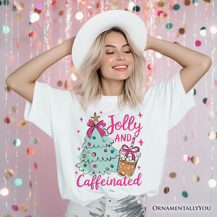Jolly and Caffeinated Christmas Tree T-Shirt, Retro Coquette Coffee Holiday Tee