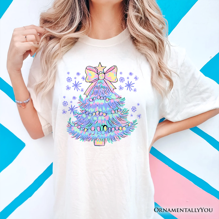 Light Blue Christmas Tree Bow T-Shirt, Coquette Colorful Holiday Tee