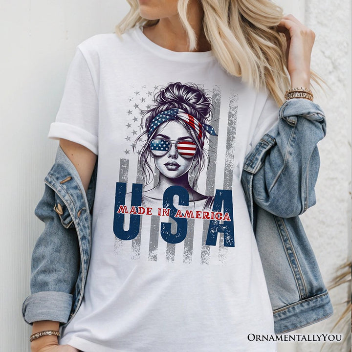 Made in America Messy Bun T-Shirt, Retro 4th of July White Patriotic Tee T-Shirts OrnamentallyYou