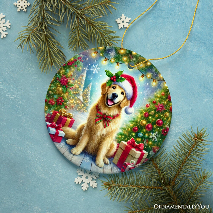 Majestic Golden Retriever with Santa Hat Ornament, Delightful Christmas Gift and Decor Ceramic Ornament OrnamentallyYou