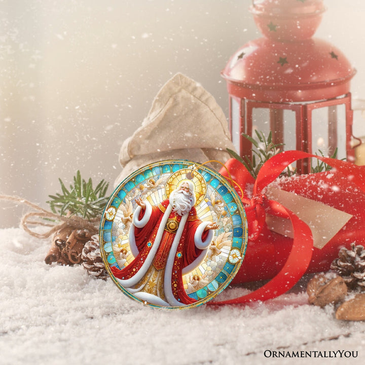 Majestic Holy Santa Stained Glass Themed Ceramic Ornament, Handcrafted Angelic Christmas Decor Ceramic Ornament OrnamentallyYou