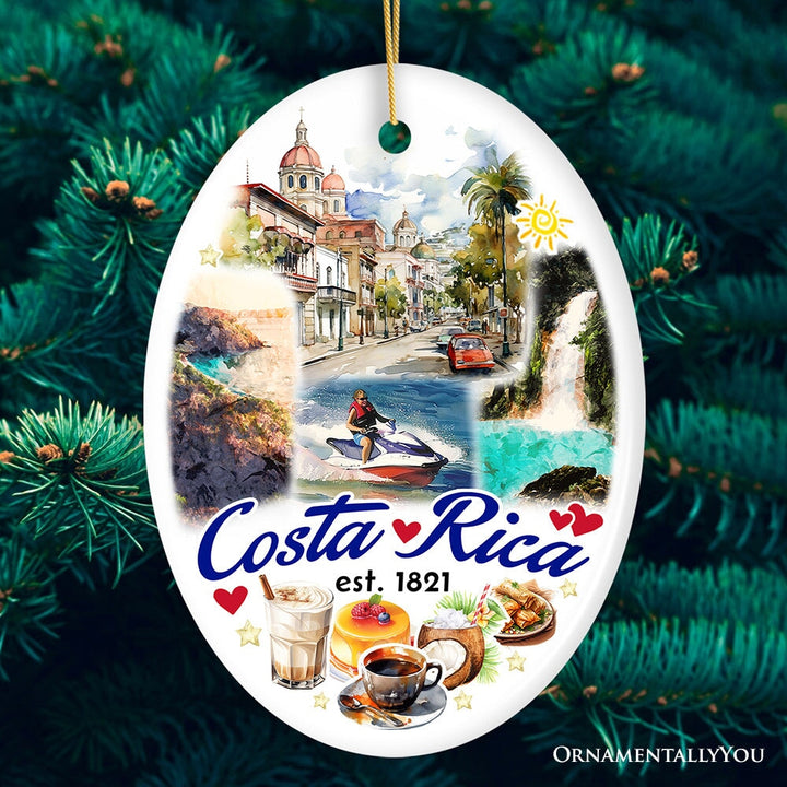 Marvelous Tropical Costa Rica Landmarks Ornament, Artistic Paradise and Caribbean Christmas Souvenir Ceramic Ornament OrnamentallyYou Oval
