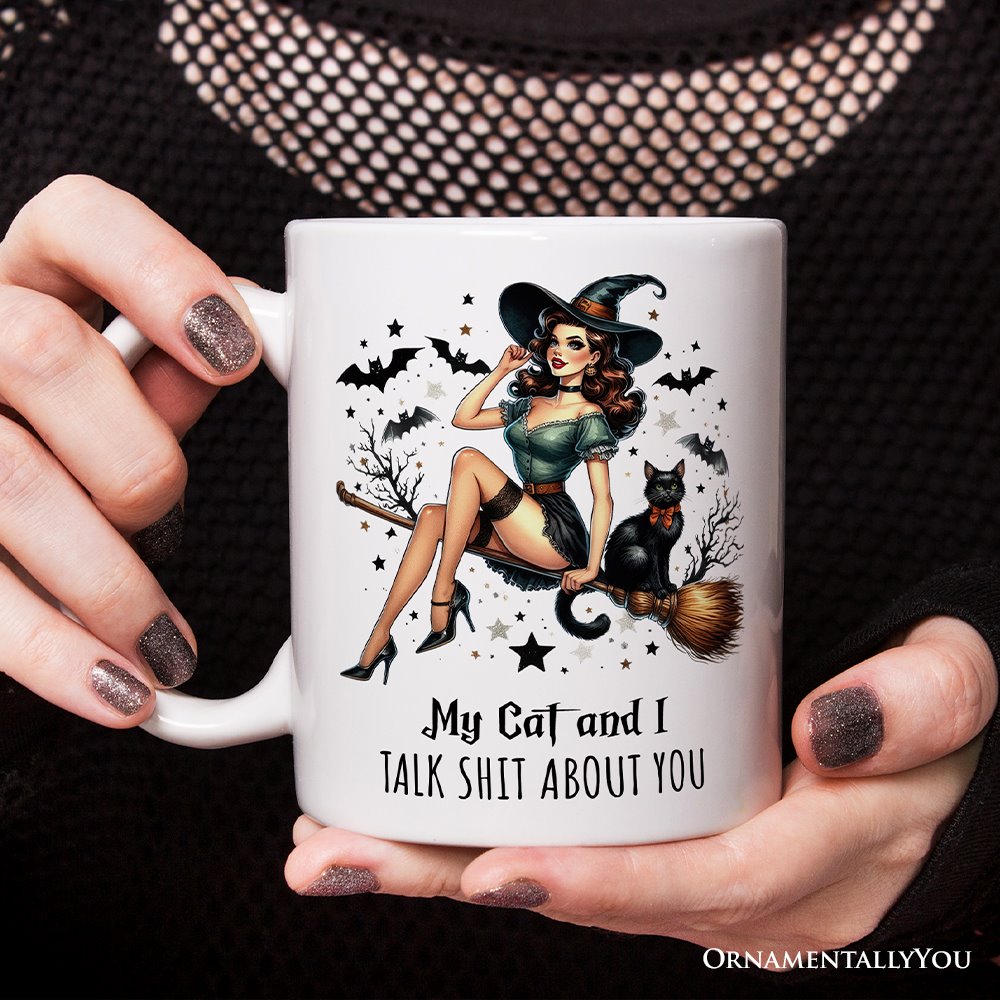 My Cat and I Talk Shit About You Personalized Halloween Mug, Retro Gift with Custom Name Personalized Ceramic Mug OrnamentallyYou 12oz Mug Non-Custom