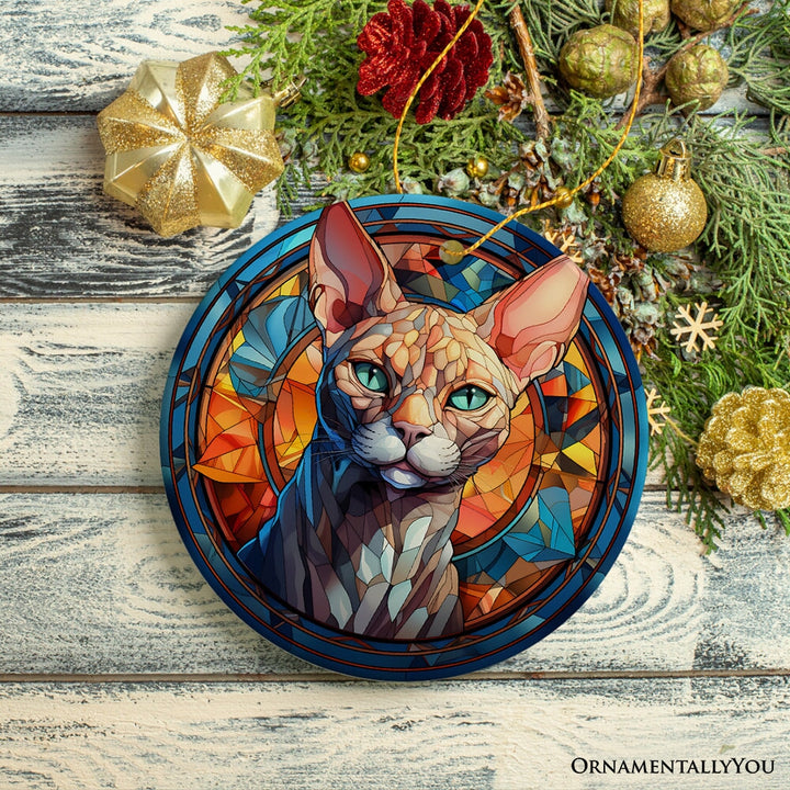 Mystical Feline Bewitching Cat Stained Glass Style Ceramic Ornament, Halloween Themed Christmas Gift and Decor Ceramic Ornament OrnamentallyYou