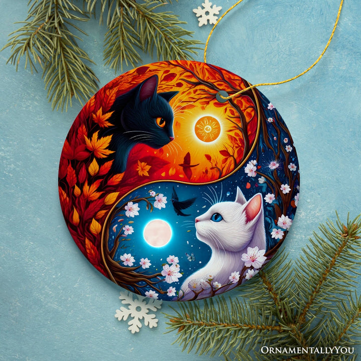 Mystical Seasons Yin and Yang Cats Ceramic Ornament, Gift for White and Black Kitten Lovers Ceramic Ornament OrnamentallyYou