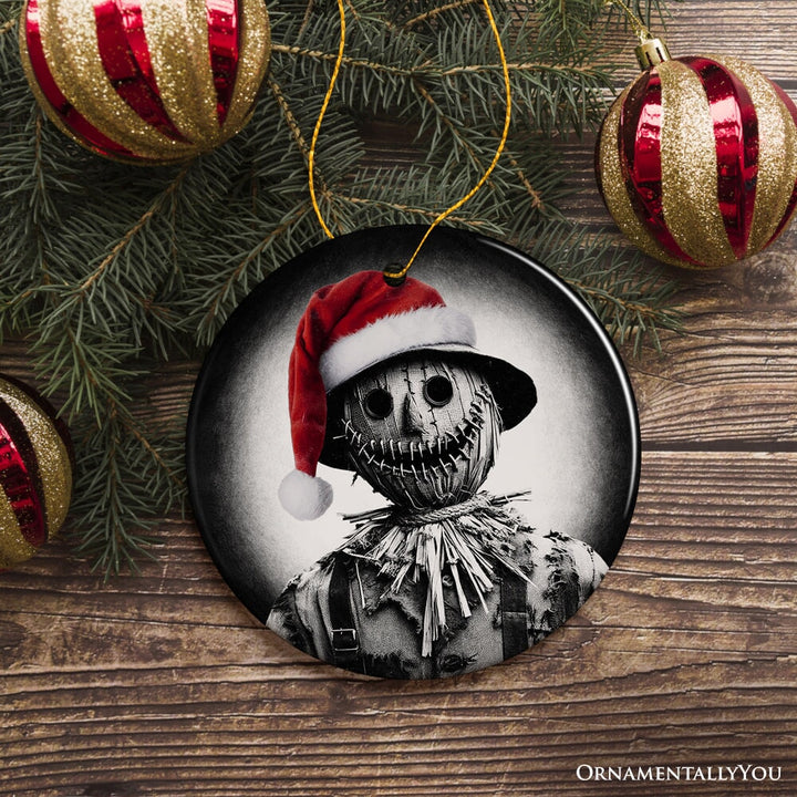 Nightmarish Scarecrow with Santa Hat Ornament, Gift For Unique Halloween Tree Christmas Decor Ceramic Ornament OrnamentallyYou