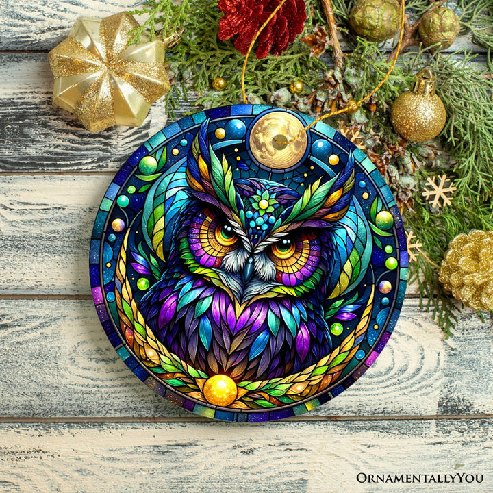 Nocturnal Enchanter Mysterious Owl Stained Glass Style Ceramic Ornament, Halloween Themed Christmas Gift and Decor Ceramic Ornament OrnamentallyYou