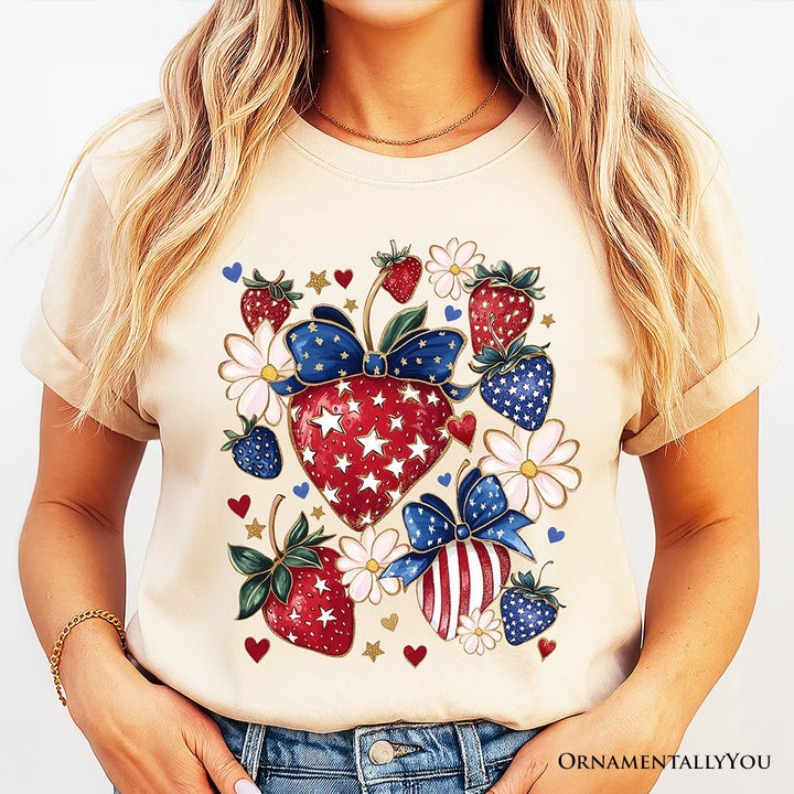 Patriotic Boho Strawberries Bouquet T-Shirt, 4th of July Festive Patch Tee T-Shirts OrnamentallyYou
