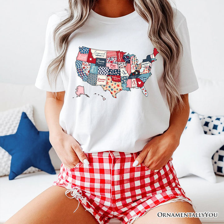 Patriotic Patchwork USA T-Shirt, Quilted Map Tee for Americana Fans T-Shirts OrnamentallyYou