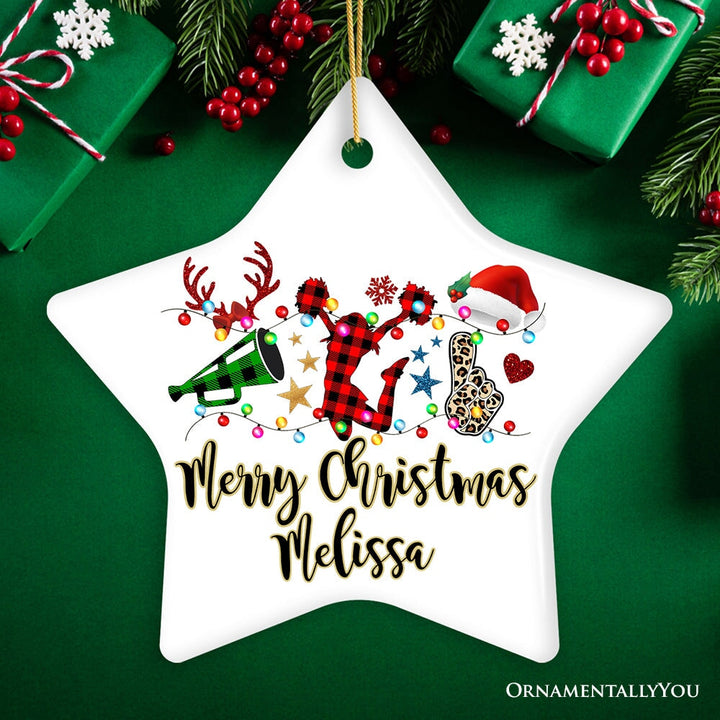 Personalized Cheer Buffalo Plaid Leopard Merry Christmas Ornament, Cheer Team or Coach Gift Ceramic Ornament OrnamentallyYou Star