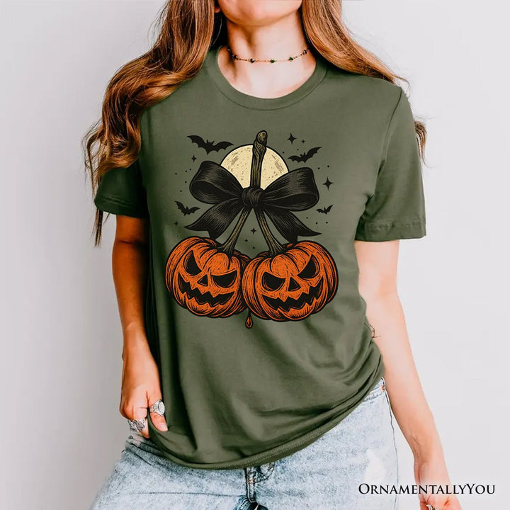 Pumpkin Cherries Coquette Bow T-Shirt, Retro Halloween Fall Season Tee for Sweet Autumn Girls T-Shirts OrnamentallyYou