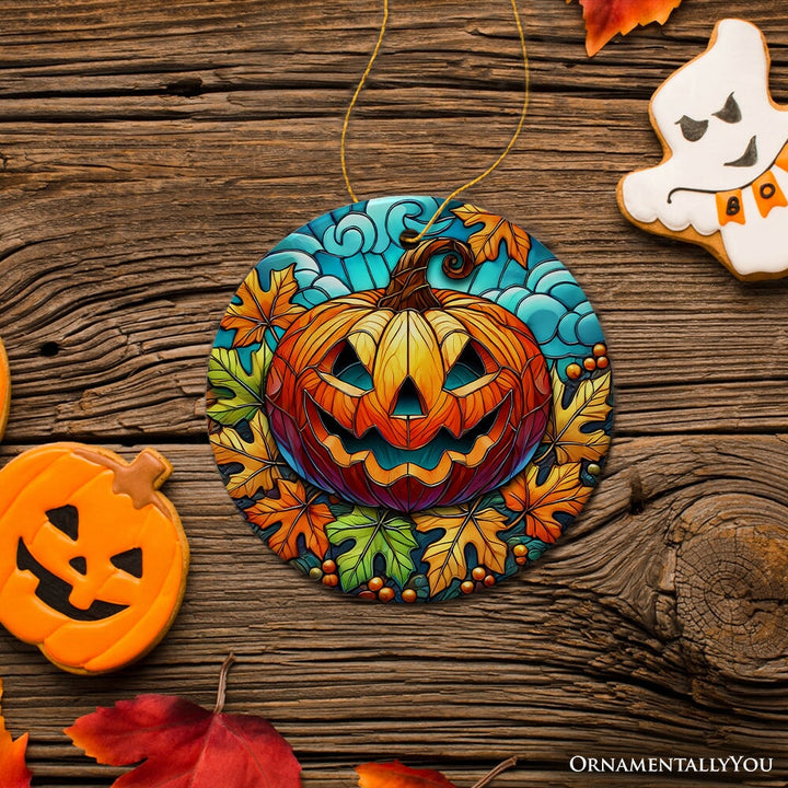 Pumpkin Spice and Crispy Leaves Stained Glass Style Ceramic Ornament, Halloween Themed Christmas Gift and Decor Ceramic Ornament OrnamentallyYou