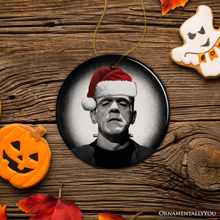 Retro Frankenstein with Santa Hat Ceramic Ornament, Creepy Holiday Gift And Decor Ceramic Ornament OrnamentallyYou