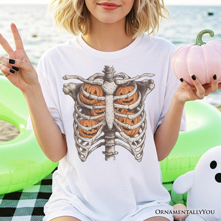 Ribcage Pumpkins T-Shirt, Retro Skeleton Halloween Tee for Spooky Season