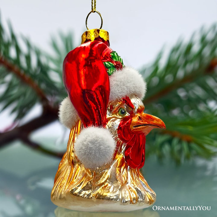Rooster with Santa Hat Handblown Glass Christmas Ornament, Farm Chicken Holiday Decor Glass Ornament OrnamentallyYou