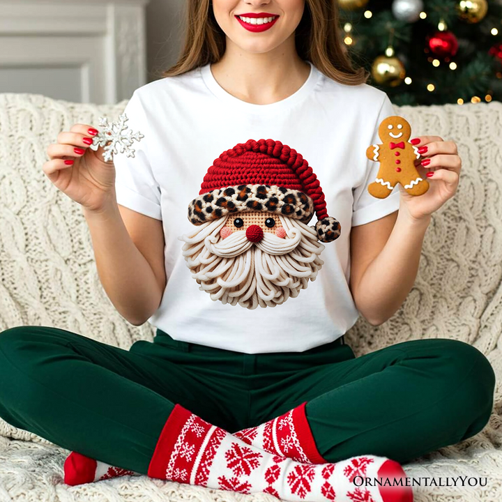 Santa Leopard Hat Christmas T-Shirt, Imitation Latch Hook Yarn Cozy Tee