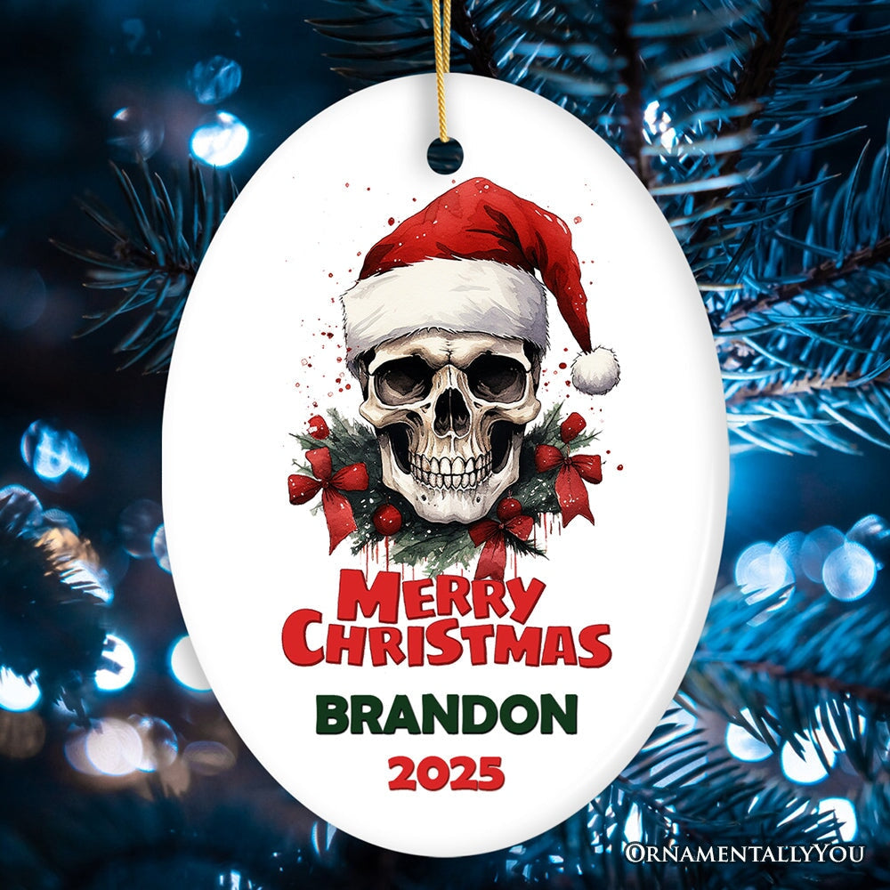 Skull Christmas Personalize Ornament, Skeleton Xmas Gift Ceramic Ornament OrnamentallyYou Oval