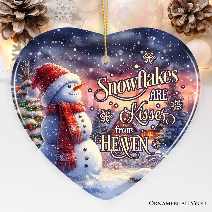 Snowflakes are Kisses from Heaven Quote Christmas Ornament, Snowman under the Twilight Sky Memorial Gift Ceramic Ornament OrnamentallyYou Heart