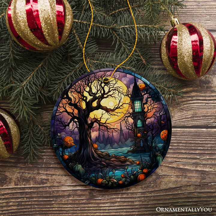 Spooky Tree & Haunted House Stained Glass Style Ceramic Ornament, Halloween Themed Christmas Gift and Decor Ceramic Ornament OrnamentallyYou