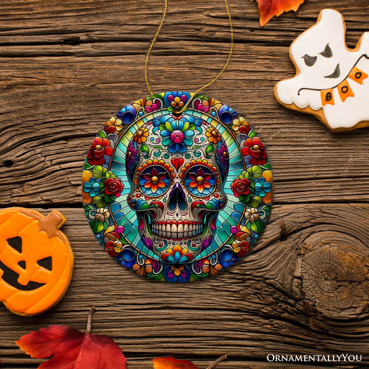 Sugar Skull Stained Glass Themed Ceramic Ornament, Day of the Dead Mexican Christmas Gift Ceramic Ornament OrnamentallyYou
