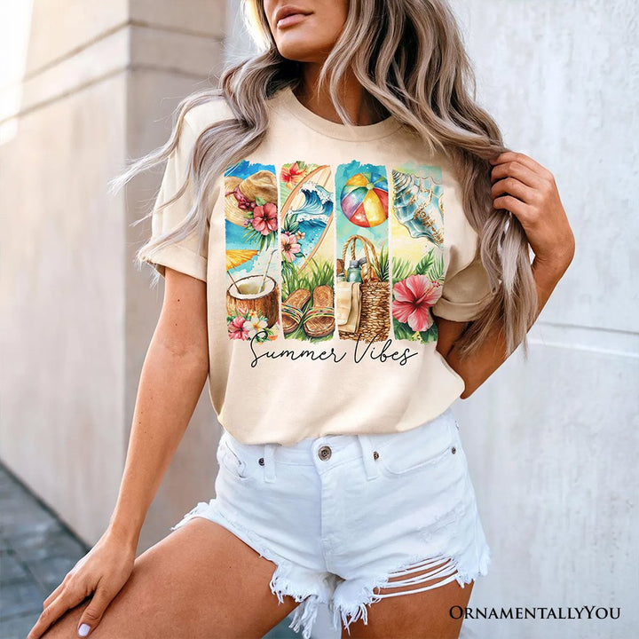 Summer Vibes T-Shirt, White and Natural Beach Tee with Coconut and Flowers T-Shirts OrnamentallyYou
