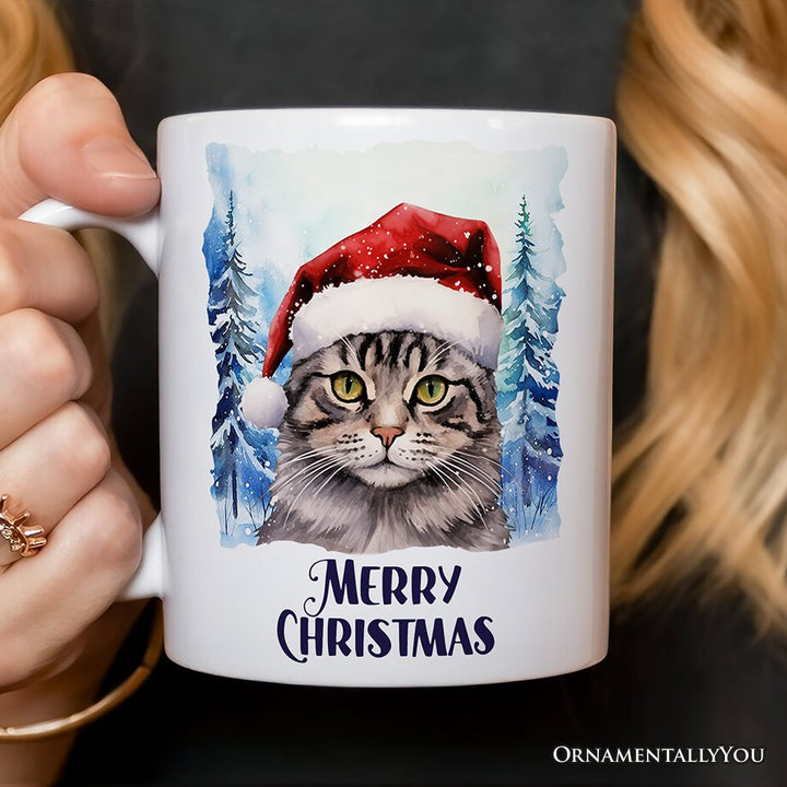 Tabby Cat with Santa Hat Personalized Mug, Winter Forest Christmas Gift With Custom Name and Date Personalized Ceramic Mug OrnamentallyYou