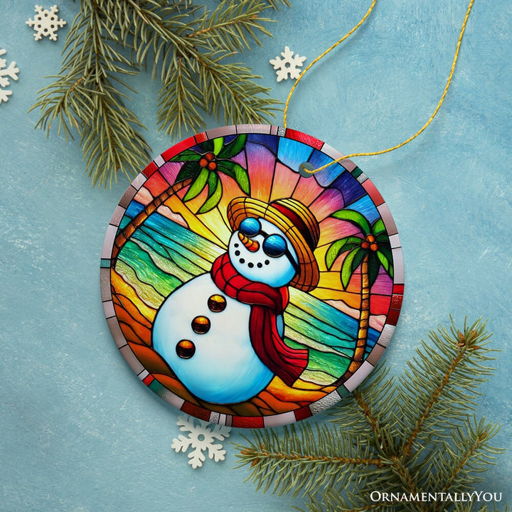 Tropical Holiday Sunset Snowman Ornament, Vibrant Beach Christmas Keepsake Ceramic Ornament OrnamentallyYou