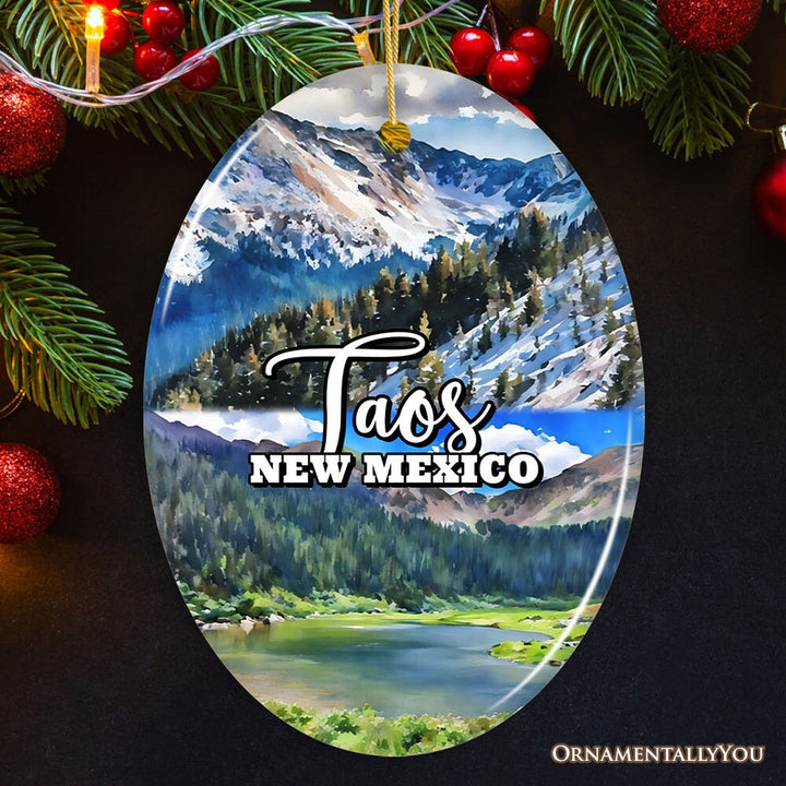 Vibrant Taos New Mexico Ornament, Pueblo Mountainside Christmas Gift and Souvenir Ceramic Ornament OrnamentallyYou Oval