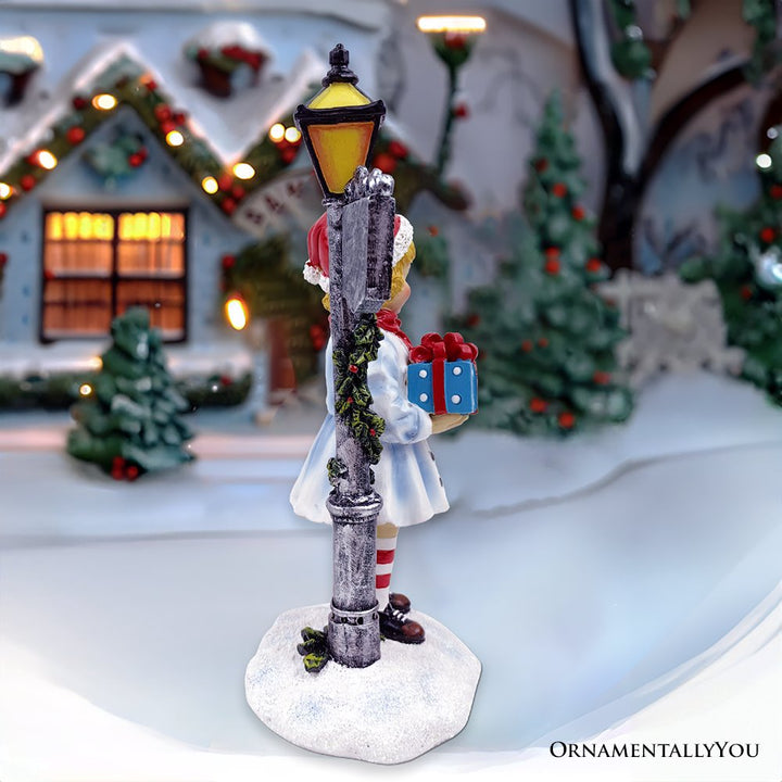 (Pre-Order) Victorian Style Christmas Girl and Street Lamp Tabletop Figurine, 8" Vintage Holiday Statue of a Gift Carrying Belle Resin Statues OrnamentallyYou