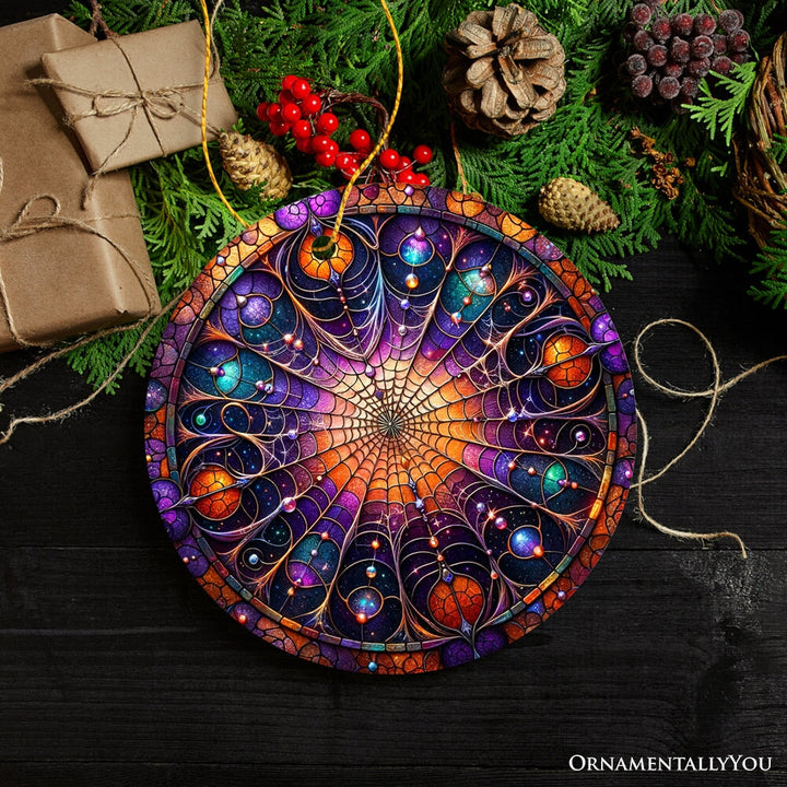Whispering Shadows Enchanted Cobweb Stained Glass Style Ceramic Ornament, Halloween Themed Christmas Gift and Decor Ceramic Ornament OrnamentallyYou