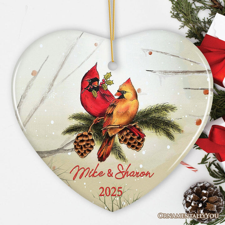 Winter Cardinal Couple Personalized Ornament Ceramic Ornament OrnamentallyYou Heart