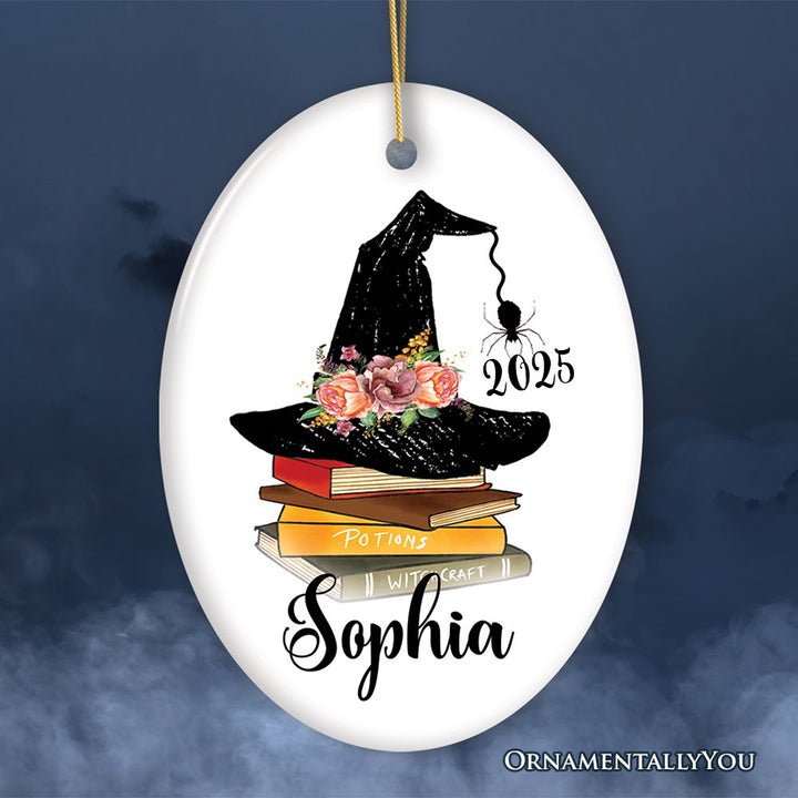 Witch Hat and Books Theme Customized Girls Ornament Ceramic Ornament OrnamentallyYou Oval
