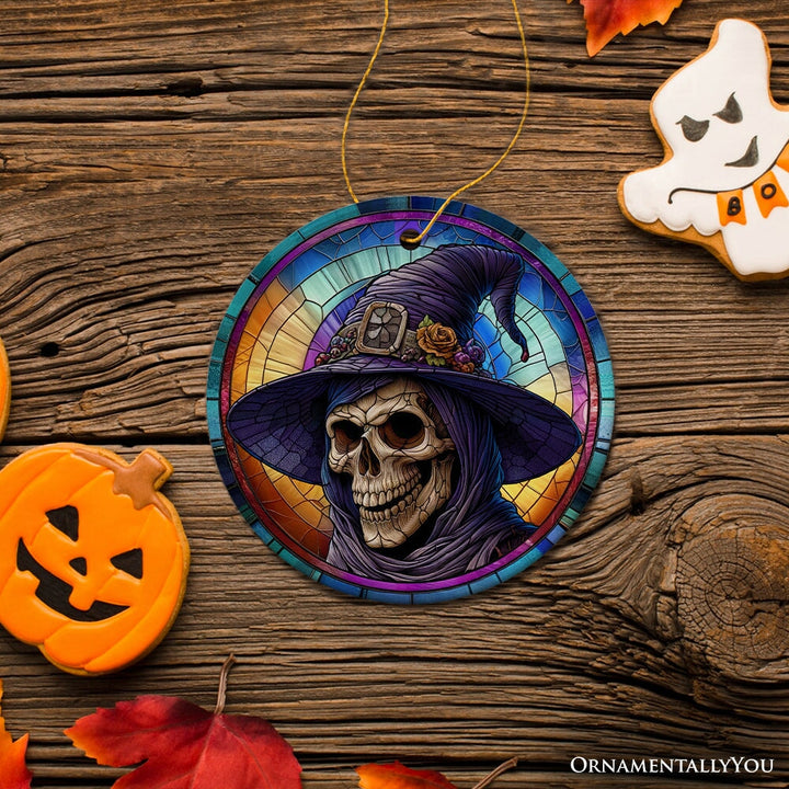 Witchy Grin Skull with Hat and Scarf Stained Glass Style Ceramic Ornament, Halloween Themed Christmas Gift and Decor Ceramic Ornament OrnamentallyYou