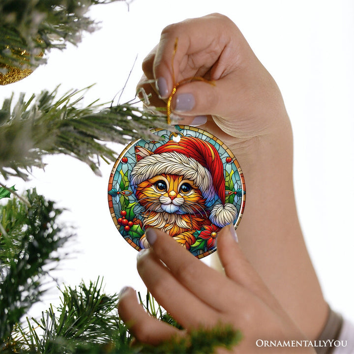 Adorable Cat in Santa Hat Stained Glass Style Ceramic Ornament, Christmas Gift and Decor Ceramic Ornament OrnamentallyYou