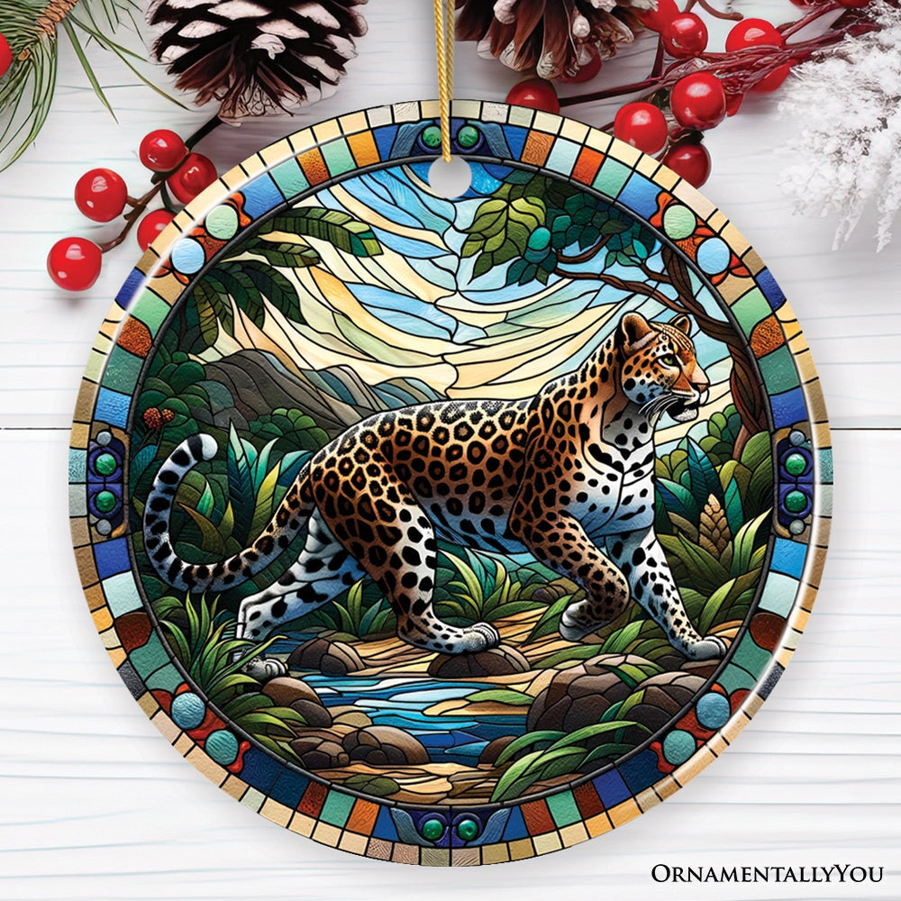 African Leopard Expedition Stained Glass Style Ceramic Ornament, Safari Animals Christmas Gift and Decor Ceramic Ornament OrnamentallyYou Circle Version 2 