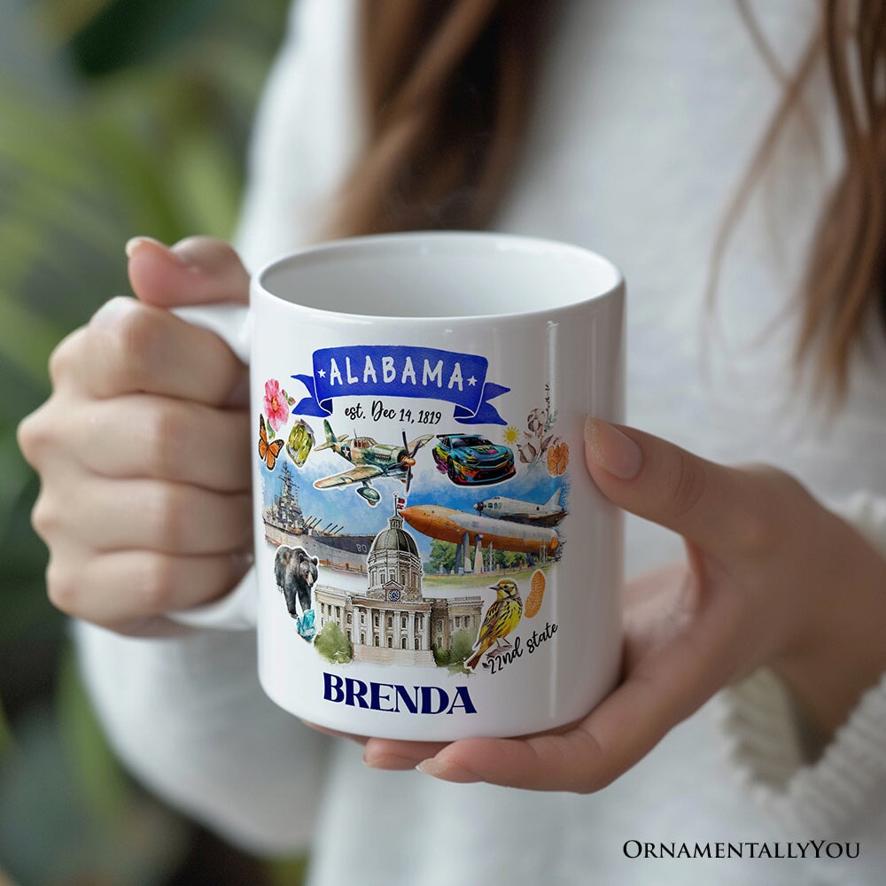 Artistic Alabama State Themes and Landmarks Personalized Mug With Custom Name Personalized Ceramic Mug OrnamentallyYou