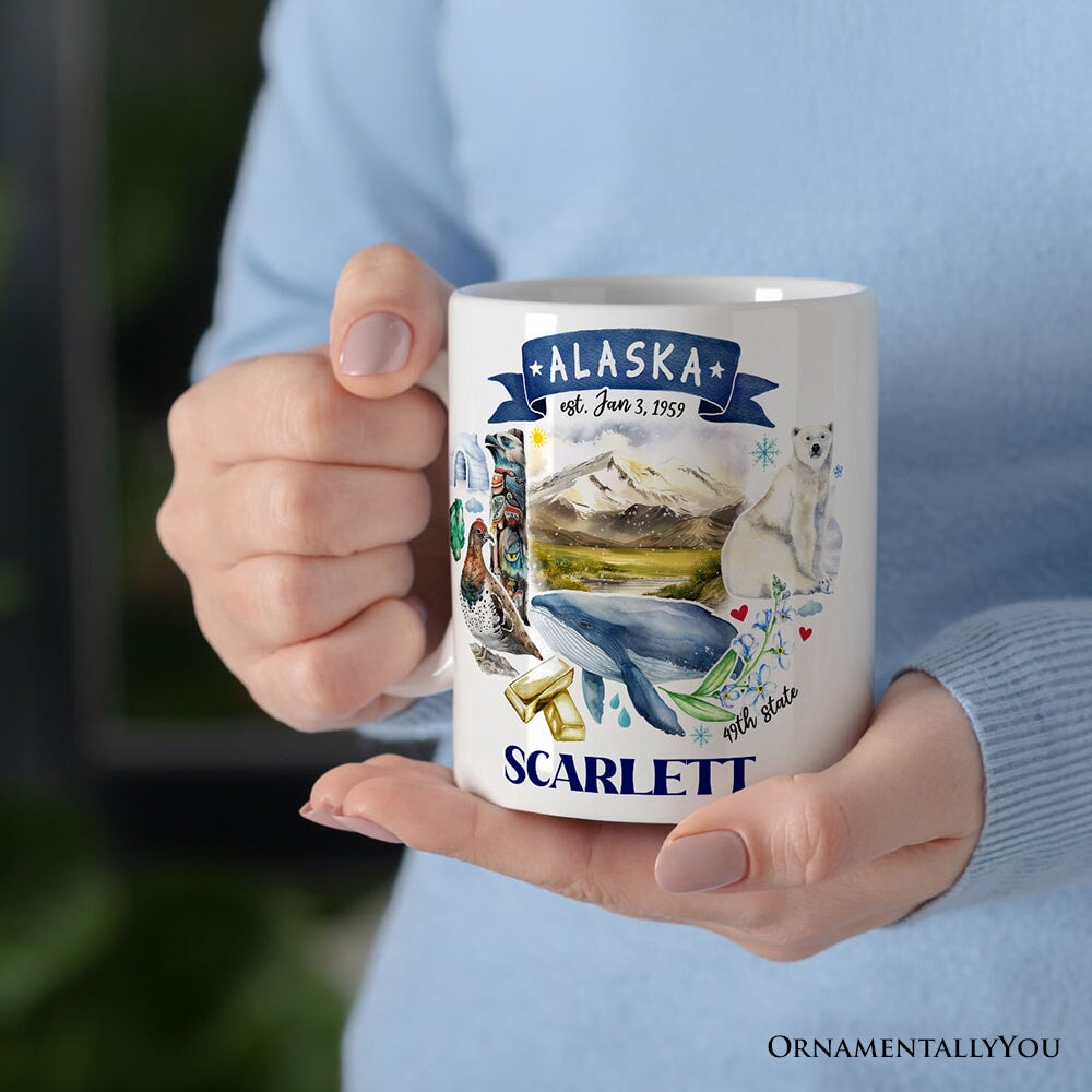 Artistic Alaska State Themes and Landmarks Personalized Mug With Custom Name Personalized Ceramic Mug OrnamentallyYou