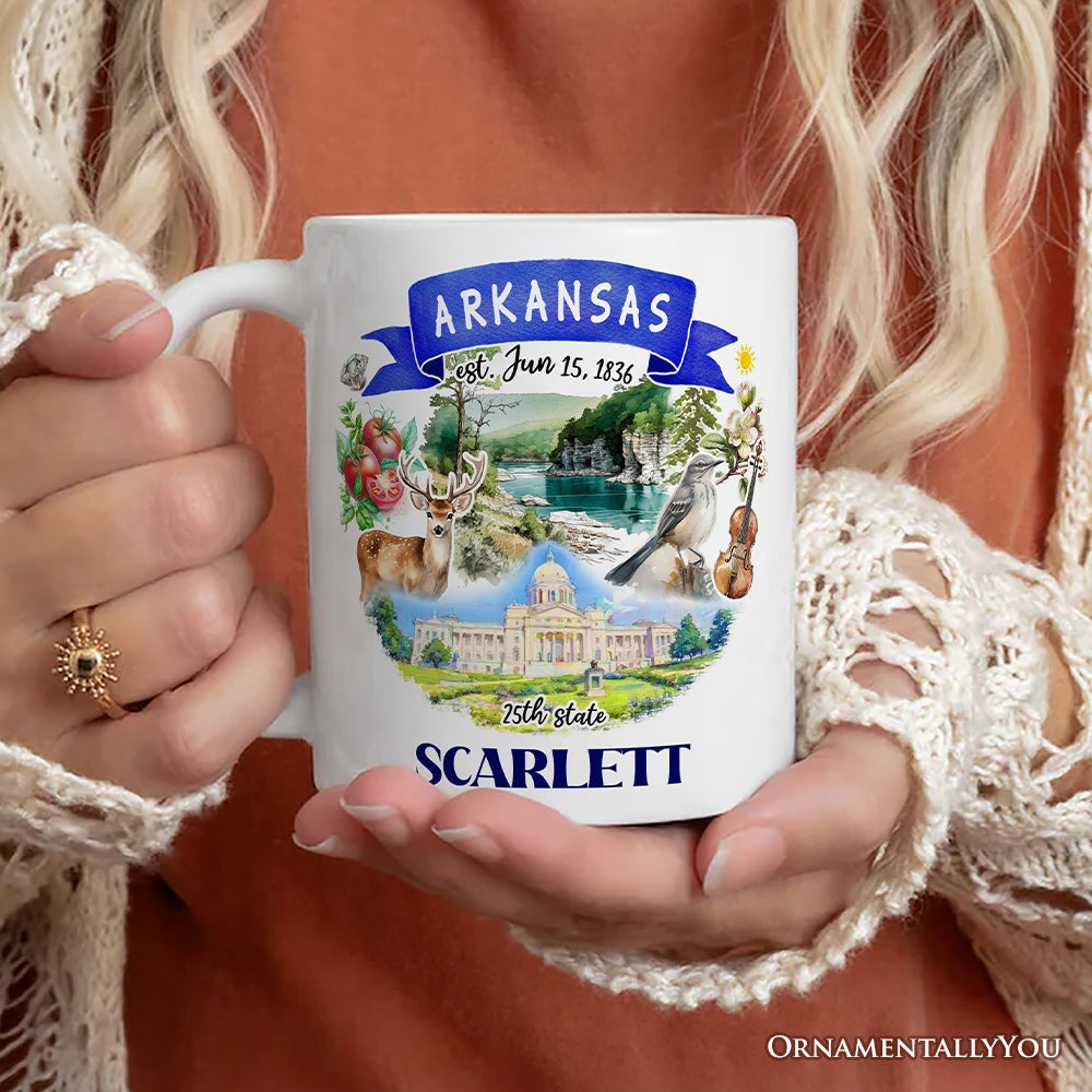 Artistic Arkansas State Themes and Landmarks Personalized Mug With Custom Name Personalized Ceramic Mug OrnamentallyYou