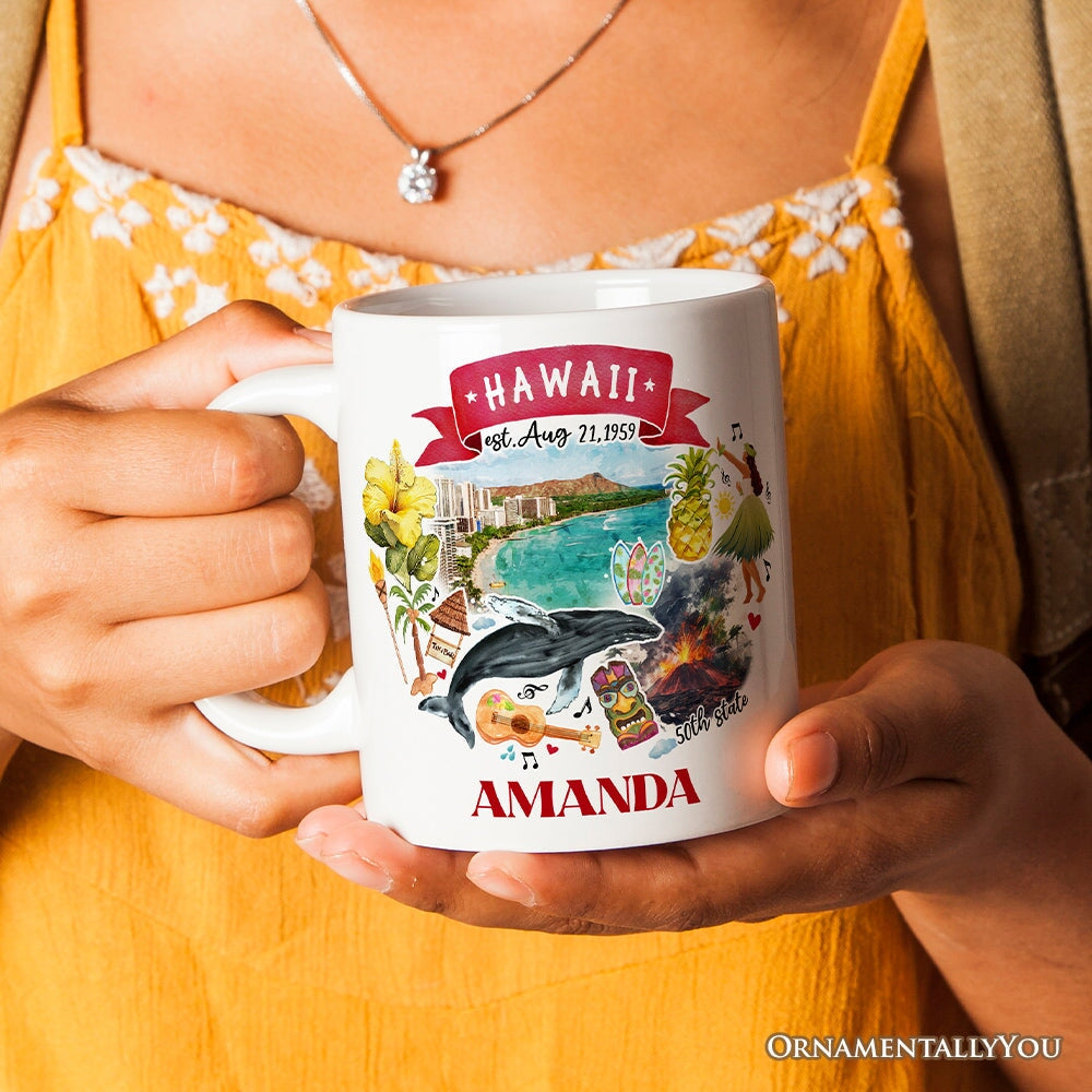 Artistic Hawaii State Themes and Landmarks Personalized Mug With Custom Name Personalized Ceramic Mug OrnamentallyYou