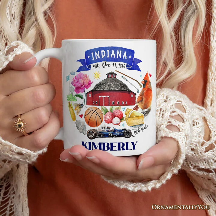 Artistic Indiana State Themes and Landmarks Personalized Mug With Custom Name Personalized Ceramic Mug OrnamentallyYou