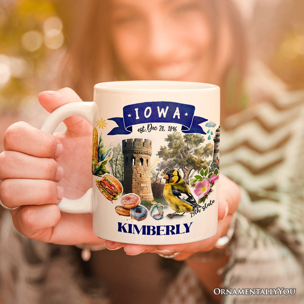 Artistic Iowa State Themes and Landmarks Personalized Mug With Custom Name Personalized Ceramic Mug OrnamentallyYou