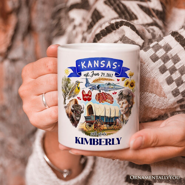 Artistic Kansas State Themes and Landmarks Personalized Mug With Custom Name Personalized Ceramic Mug OrnamentallyYou