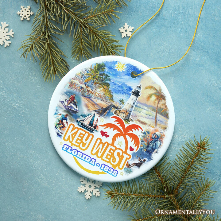 Artistic Key West Ceramic Ornament, Tropical Florida Vacation and Beach Paradise Christmas Souvenir Ceramic Ornament OrnamentallyYou Circle Version 2