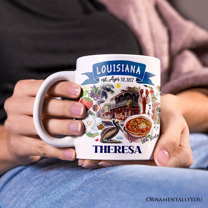 Artistic Louisiana State Themes and Landmarks Personalized Mug With Custom Name Personalized Ceramic Mug OrnamentallyYou