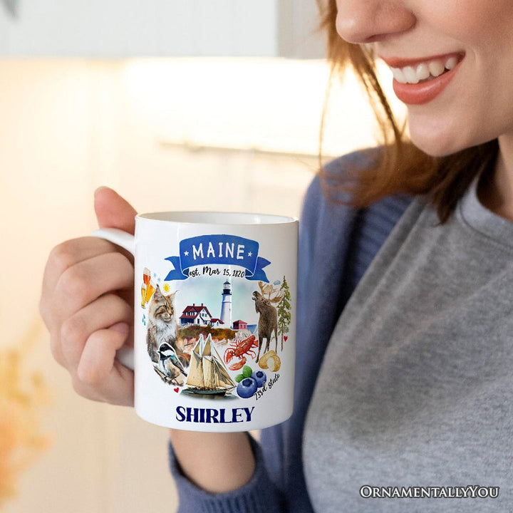Artistic Maine State Themes and Landmarks Personalized Mug With Custom Name Personalized Ceramic Mug OrnamentallyYou